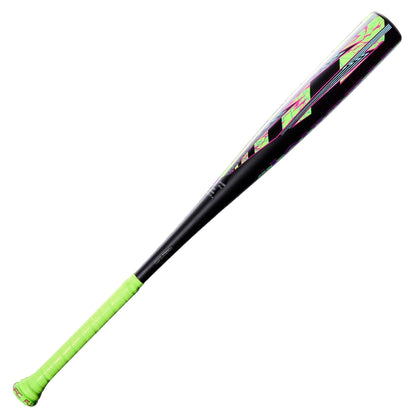 Introducing the 2027 Louisville Slugger Dynasty (-3) BBCOR Baseball Bat (WBL4250010) by Louisville Slugger—a striking one-piece alloy bat with a neon green handle and endcap, a sleek black barrel, and vibrant graphic designs in pink, green, and yellow along the barrel. Perfect for players who want to stand out on the field.