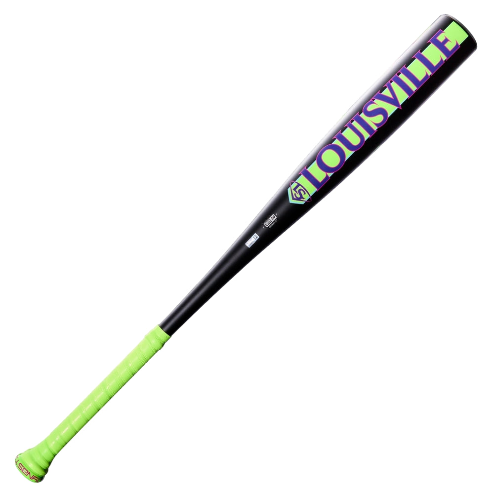 The 2027 Louisville Slugger Dynasty (-3) BBCOR Baseball Bat (WBL4250010) from Louisville Slugger boasts a sleek black one-piece alloy design, highlighted by a vibrant green grip and bold purple “LOUISVILLE” text along the barrel, delivering eye-catching style and powerful performance for serious players.