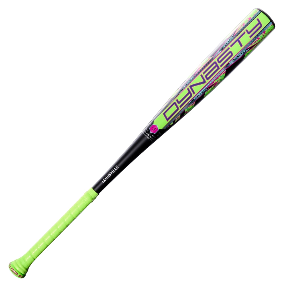 The 2027 Louisville Slugger Dynasty (-3) BBCOR Baseball Bat (WBL4250010) is a one-piece alloy bat with a neon green handle and end cap, a sleek black barrel, and the word “DYNASTY” displayed in bold purple and green letters. The Louisville Slugger brand name is also printed on the handle.