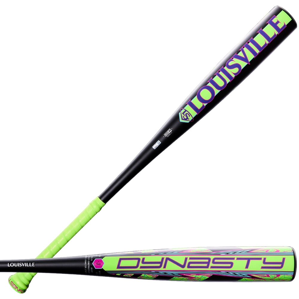 Two views of the 2027 Louisville Slugger Dynasty (-3) BBCOR Baseball Bat (WBL4250010) are shown in black with neon green and colorful accents, featuring "LOUISVILLE" on one side and "DYNASTY" on the other. This high-performance bat is crafted by Louisville Slugger for optimal results on the field.