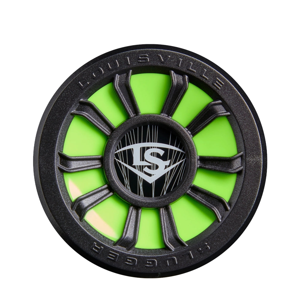 Round, black and neon green knob featuring the “Louisville Slugger” and “LS” logos at the center, with a spoked design and geometric white lines—this signature detail appears on the 2027 Louisville Slugger Dynasty (-3) BBCOR Baseball Bat: WBL4250010.