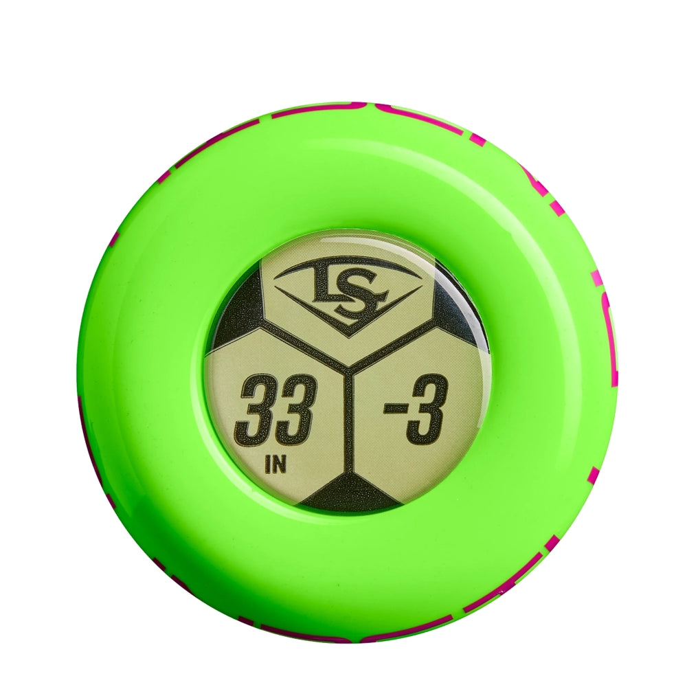 A bright green circular sticker featuring “LS,” a black-and-gold baseball graphic, “33 IN,” and “-3” in bold text on the front—perfect for identifying your Louisville Slugger Dynasty (-3) BBCOR Baseball Bat: WBL4250010.