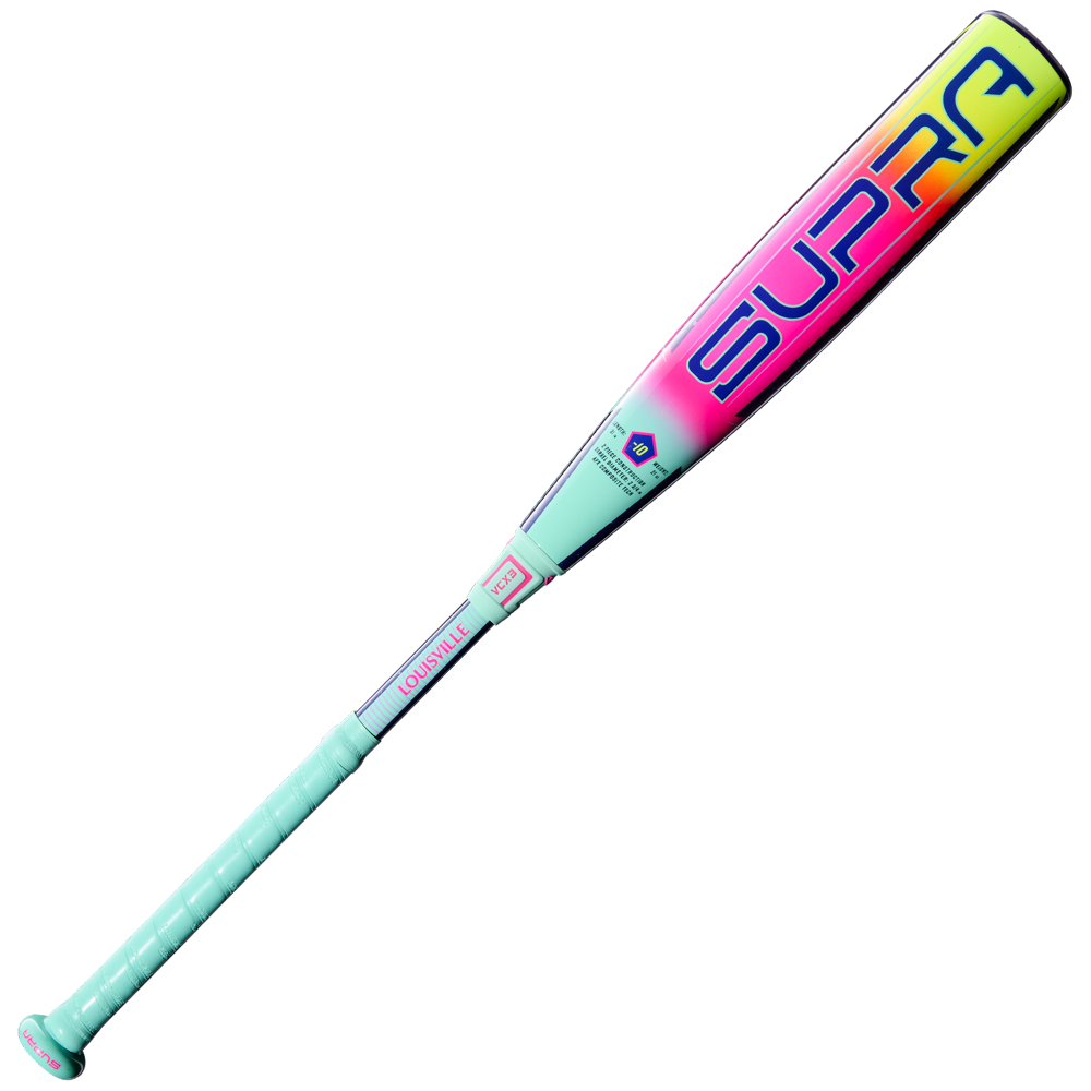 The 2027 Louisville Slugger Supra (-10) USSSA bat features turquoise, pink, and yellow accents, bold SUPRA on the barrel, LOUISVILLE on the handle, APX Composite Technology, and a turquoise grip for a modern look.