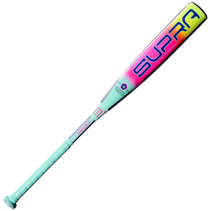 The 2027 Louisville Slugger Supra (-10) USSSA bat features turquoise, pink, and yellow accents, bold SUPRA on the barrel, LOUISVILLE on the handle, APX Composite Technology, and a turquoise grip for a modern look.