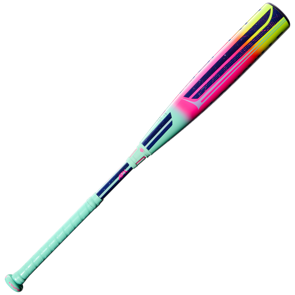 The 2027 Louisville Slugger Supra (-10) USSSA Baseball Bat (WBL4251010) features a light teal handle with a vibrant pink, yellow, blue, and purple gradient barrel, crafted with advanced APX Composite Technology against a plain white background.