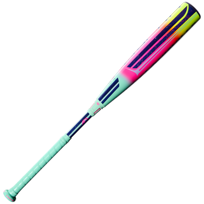 The 2027 Louisville Slugger Supra (-10) USSSA Baseball Bat (WBL4251010) features a light teal handle with a vibrant pink, yellow, blue, and purple gradient barrel, crafted with advanced APX Composite Technology against a plain white background.