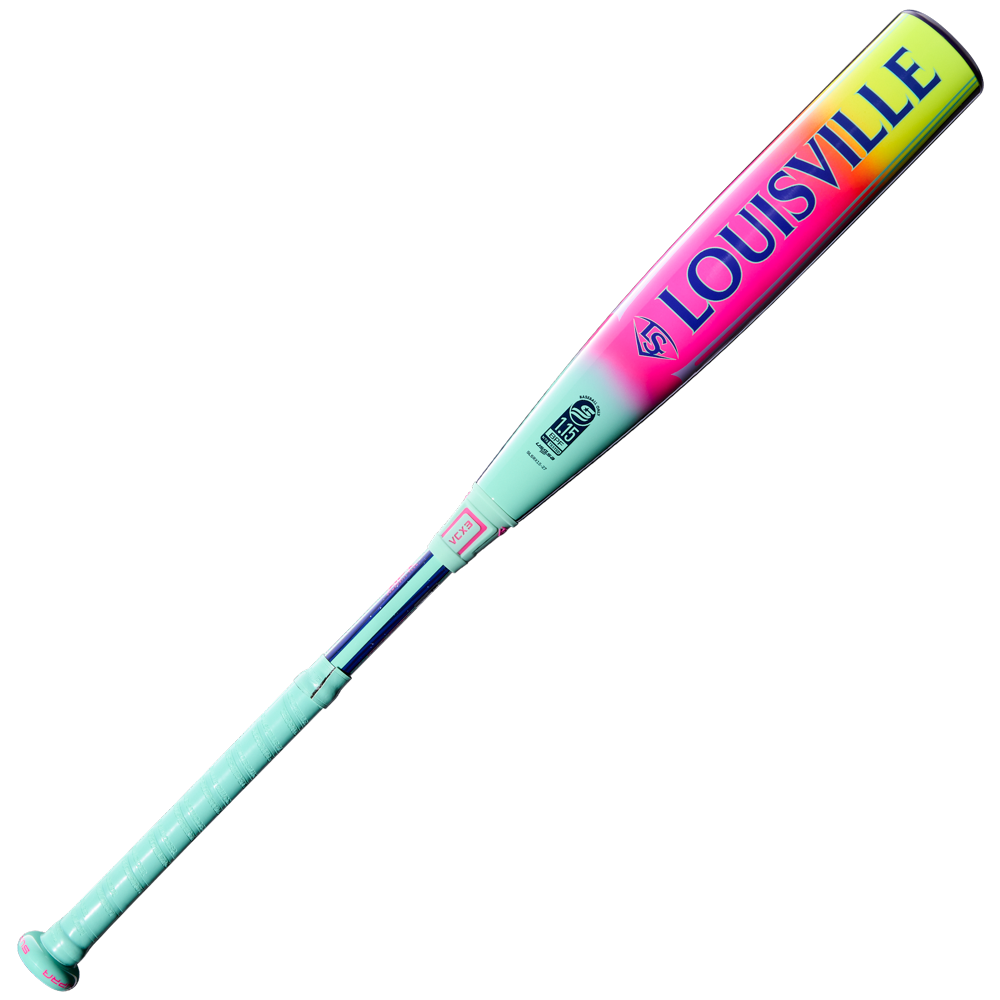 The 2027 Louisville Slugger Supra (-10) USSSA Baseball Bat features a pink, yellow, and purple gradient design with bold blue "LOUISVILLE" lettering, light teal handle and grip tape, and APX Composite Technology for top performance.