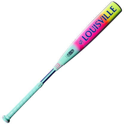 The 2027 Louisville Slugger Supra (-10) USSSA Baseball Bat features a pink, yellow, and purple gradient design with bold blue "LOUISVILLE" lettering, light teal handle and grip tape, and APX Composite Technology for top performance.