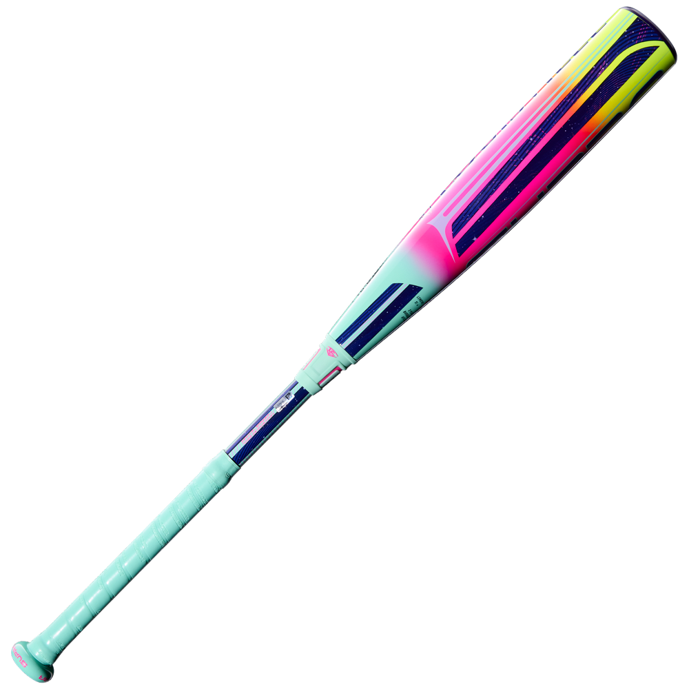 The 2027 Louisville Slugger Supra (-10) USSSA bat (WBL4251010) features a teal handle, a gradient barrel in pink, yellow, and navy on white, and is expertly crafted with advanced APX Composite Technology.