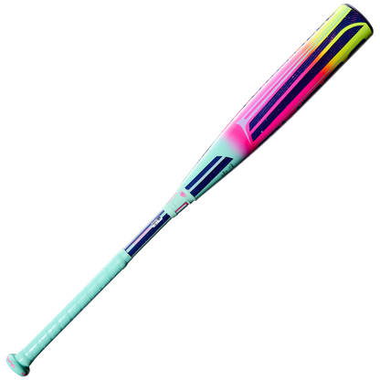The 2027 Louisville Slugger Supra (-10) USSSA bat (WBL4251010) features a teal handle, a gradient barrel in pink, yellow, and navy on white, and is expertly crafted with advanced APX Composite Technology.