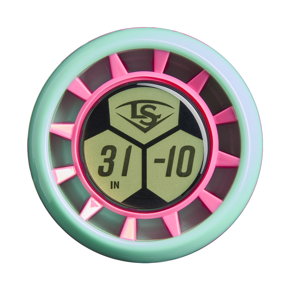 A close-up of the 2027 Louisville Slugger Supra (-10) USSSA bat knob shows a circular label with the Louisville Slugger logo, "31 IN -10" in a hexagon, and highlights APX Composite Technology.