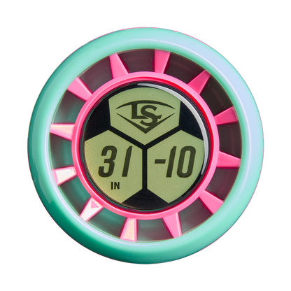A close-up of the 2027 Louisville Slugger Supra (-10) USSSA bat knob shows a circular label with the Louisville Slugger logo, "31 IN -10" in a hexagon, and highlights APX Composite Technology.