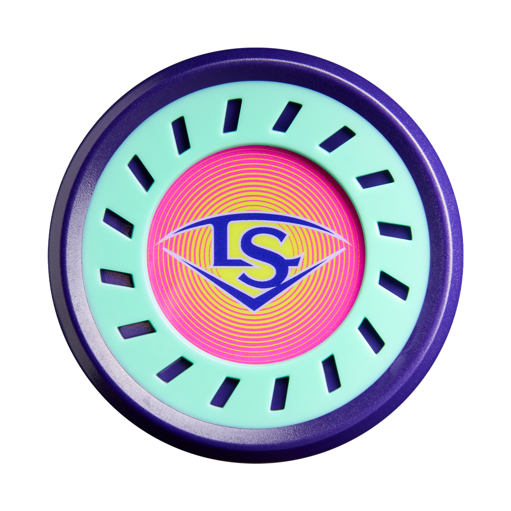 A vibrant, circular design features a purple rim, mint green ring with black slits, and a pink-orange center with the LS logo in a diamond—echoing the bold look of the 2027 Louisville Slugger Supra (-10) USSSA Baseball Bat: WBL4251010.