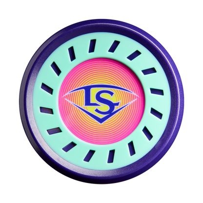 A vibrant, circular design features a purple rim, mint green ring with black slits, and a pink-orange center with the LS logo in a diamond—echoing the bold look of the 2027 Louisville Slugger Supra (-10) USSSA Baseball Bat: WBL4251010.