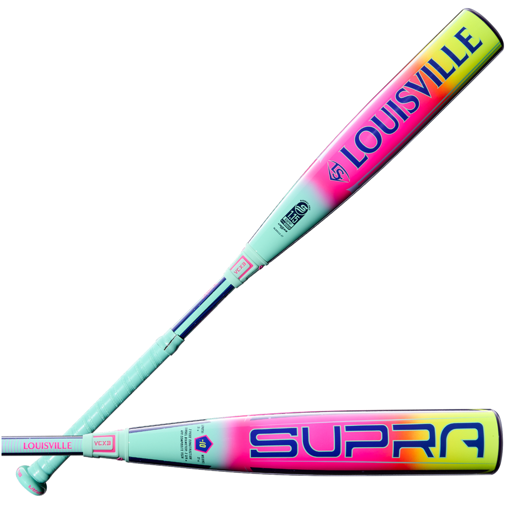 Two mint-green Louisville Slugger Supra (-10) USSSA bats—each with pink handles and ends, bold "LOUISVILLE" or SUPRA gradient graphics—feature vibrant designs and top APX Composite Technology for high performance.