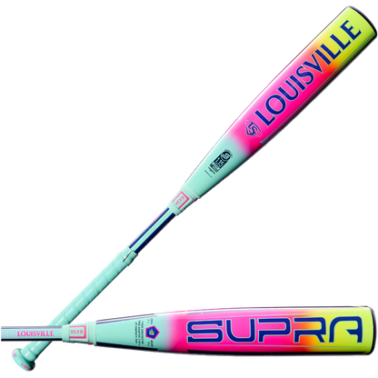 Two mint-green Louisville Slugger Supra (-10) USSSA bats—each with pink handles and ends, bold "LOUISVILLE" or SUPRA gradient graphics—feature vibrant designs and top APX Composite Technology for high performance.