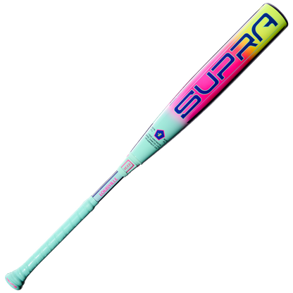 The 2027 Louisville Slugger Supra (-8) 2 3/4" USSSA Baseball Bat (WBL4252010) features a turquoise finish with a neon gradient barrel, bold multi-colored SUPRA lettering, and a textured grip handle with advanced composite technology.