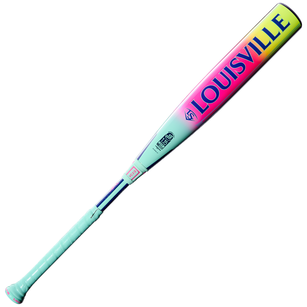 The 2027 Louisville Slugger Supra (-8) 2 3/4" USSSA Baseball Bat (WBL4252010) features a pastel barrel fading from pink to yellow, mint green handle, and bold blue and red “LOUISVILLE” branding, crafted with advanced composite technology.