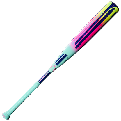 The 2027 Louisville Slugger Supra (-8) 2 3/4" USSSA Baseball Bat (WBL4252010) features a light blue handle and barrel with neon pink, yellow, and dark blue accents. Its composite build delivers a vibrant, modern look with no visible wear.