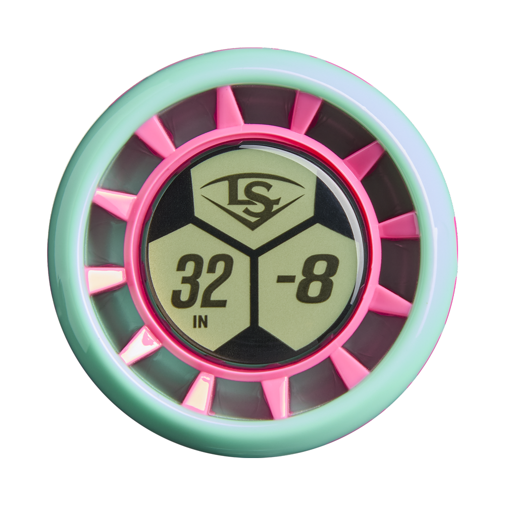 A round teal and pink Louisville Slugger sticker with a baseball logo, “32 IN,” “-8,” and a hexagon in the center—ideal for marking your 2027 Louisville Slugger Supra (-8) 2 3/4" USSSA Baseball Bat: WBL4252010.