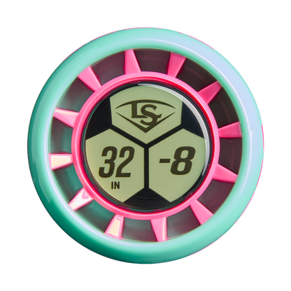 A round teal and pink Louisville Slugger sticker with a baseball logo, “32 IN,” “-8,” and a hexagon in the center—ideal for marking your 2027 Louisville Slugger Supra (-8) 2 3/4" USSSA Baseball Bat: WBL4252010.