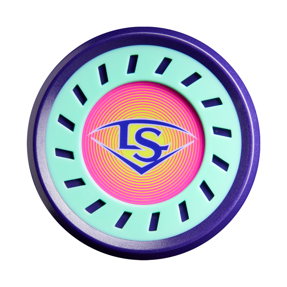 The design features a vibrant circular disc with purple, mint green, pink, and orange accents and a blue-yellow LS logo, inspired by the advanced composite tech of the 2027 Louisville Slugger Supra (-8) USSSA Bat: WBL4252010.