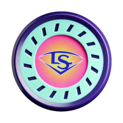 The design features a vibrant circular disc with purple, mint green, pink, and orange accents and a blue-yellow LS logo, inspired by the advanced composite tech of the 2027 Louisville Slugger Supra (-8) USSSA Bat: WBL4252010.