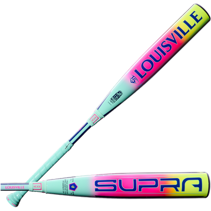 Two mint green Louisville Slugger Supra (-8) 2 3/4" USSSA bats feature neon pink, yellow, and blue accents. One displays "LOUISVILLE"; the other, "2027 Supra". Both have advanced composite tech and bright modern styling.