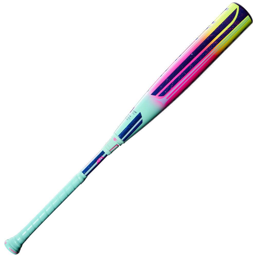 The 2027 Louisville Slugger Supra (-5) USSSA Baseball Bat (WBL4253010) boasts a light turquoise handle and barrel with APX Composite Technology, bold yellow, pink, and purple gradients at the end, and sleek dark blue accents—ideal for travel ball.