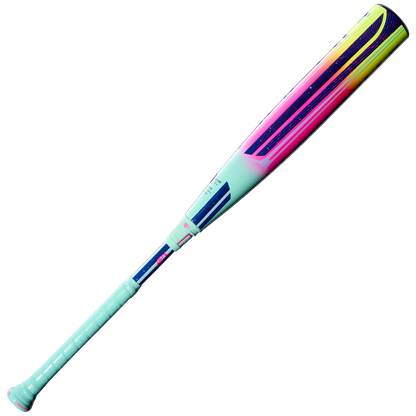 The 2027 Louisville Slugger Supra (-5) USSSA Baseball Bat (WBL4253010) boasts a light turquoise handle and barrel with APX Composite Technology, bold yellow, pink, and purple gradients at the end, and sleek dark blue accents—ideal for travel ball.