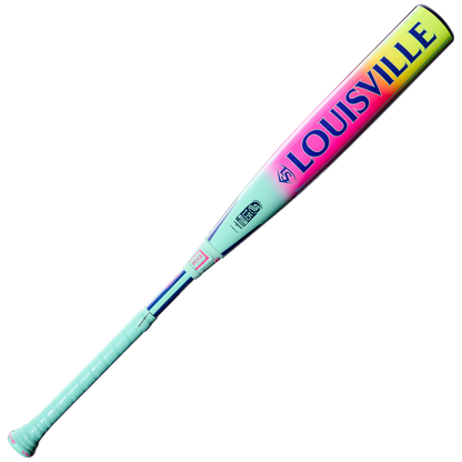 The 2027 Louisville Slugger Supra (-5) USSSA bat from Louisville Slugger features a light blue handle, gradient pink-to-yellow barrel, bold blue "Louisville" lettering, various center logos, and APX Composite Technology.