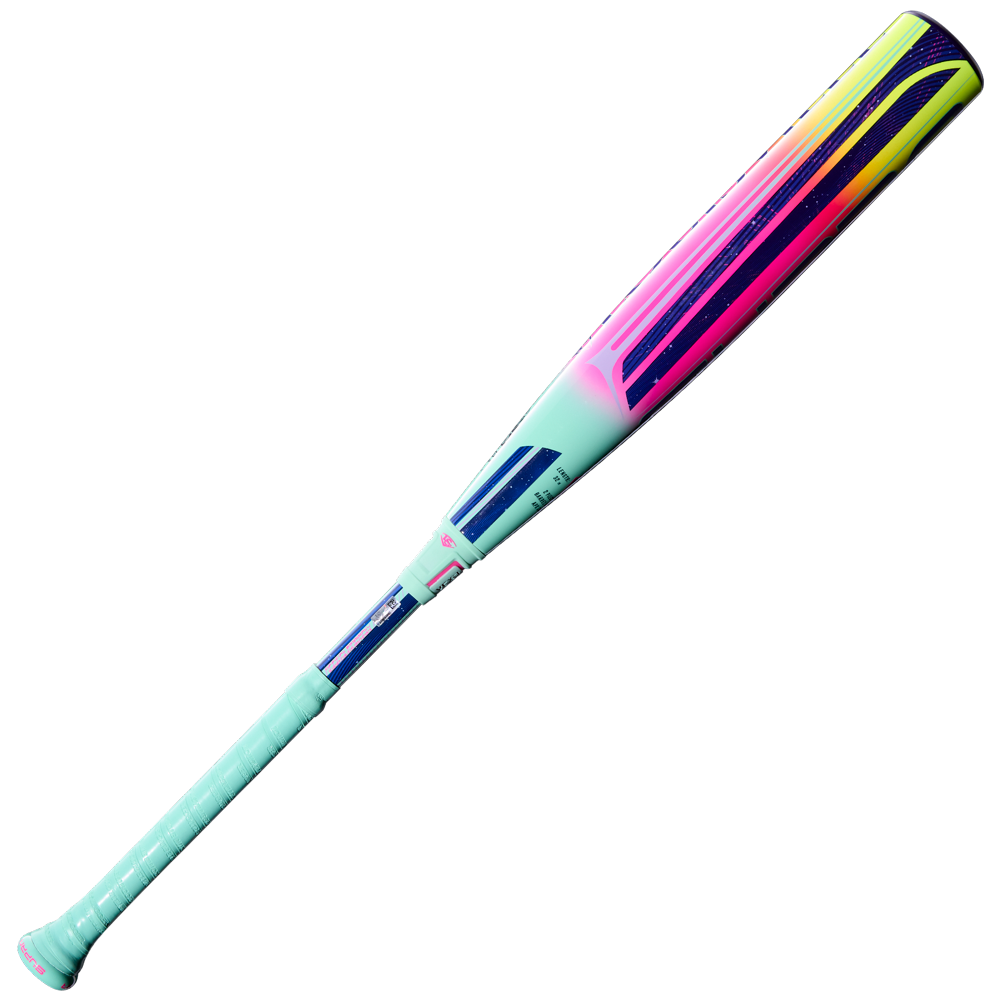 The 2027 Louisville Slugger Supra (-5) 2 3/4" USSSA Baseball Bat (WBL4253010) features a light teal handle and barrel with neon pink, yellow, and navy blue accents on the upper bat, set against a plain white background.