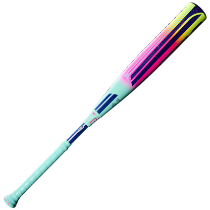 The 2027 Louisville Slugger Supra (-5) 2 3/4" USSSA Baseball Bat (WBL4253010) features a light teal handle and barrel with neon pink, yellow, and navy blue accents on the upper bat, set against a plain white background.