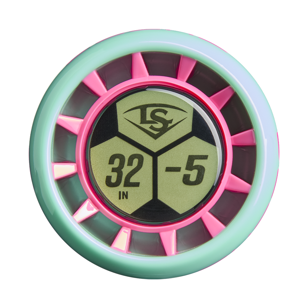 A close-up of the Louisville Slugger Supra (-5) 2 3/4" USSSA Baseball Bat (WBL4253010) shows a round teal and pink disk with a gold center, “LS” above “32 IN -5” in black, and bold geometric shapes inspired by APX Composite Technology.