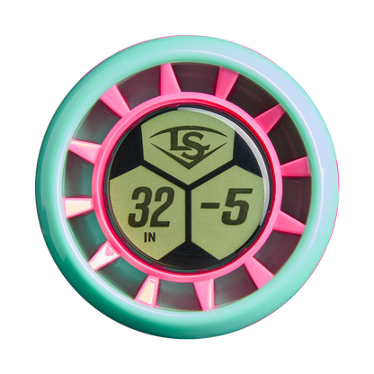 A close-up of the Louisville Slugger Supra (-5) 2 3/4" USSSA Baseball Bat (WBL4253010) shows a round teal and pink disk with a gold center, “LS” above “32 IN -5” in black, and bold geometric shapes inspired by APX Composite Technology.