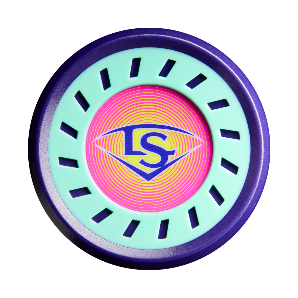 A circular, colorful disc inspired by the 2027 Louisville Slugger Supra (-5) USSSA Baseball Bat features a purple rim, light green ring, pink-orange center with a diamond and blue "LS" logo. Black rectangles surround the central motif.