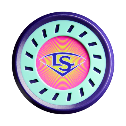 A circular, colorful disc inspired by the 2027 Louisville Slugger Supra (-5) USSSA Baseball Bat features a purple rim, light green ring, pink-orange center with a diamond and blue "LS" logo. Black rectangles surround the central motif.