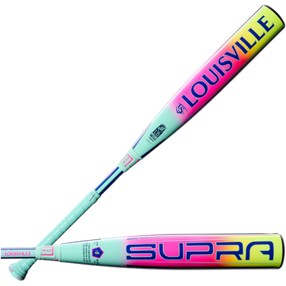 Two pastel-gradient bats in light blue, pink, and yellow—one labeled LOUISVILLE, the other SUPRA—feature APX Composite Technology for elite USSSA play. Shown: 2027 Louisville Slugger Supra (-5) 2 3/4" USSSA Baseball Bat (WBL4253010).