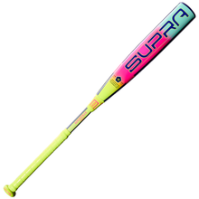 The 2027 Louisville Slugger Supra (-10) USA Baseball Bat features a neon yellow design, a pink and blue gradient composite barrel with bold "SUS," and a bright yellow textured handle for superior grip and vibration control.