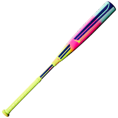 The 2027 Louisville Slugger Supra (-10) 2 5/8" USA Baseball Bat features a neon yellow handle and a composite barrel with vibrant pink, blue, purple, and teal stripes in a bold modern design, isolated on white.