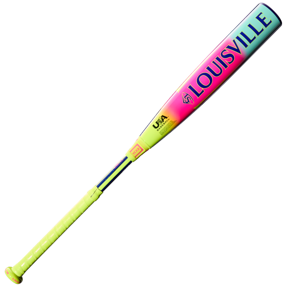 The 2027 Louisville Slugger Supra (-10) 2 5/8" USA Baseball Bat features a neon yellow handle, pink-to-blue gradient barrel, LOUISVILLE in bold blue letters, and a USA Baseball logo for premium vibration control.