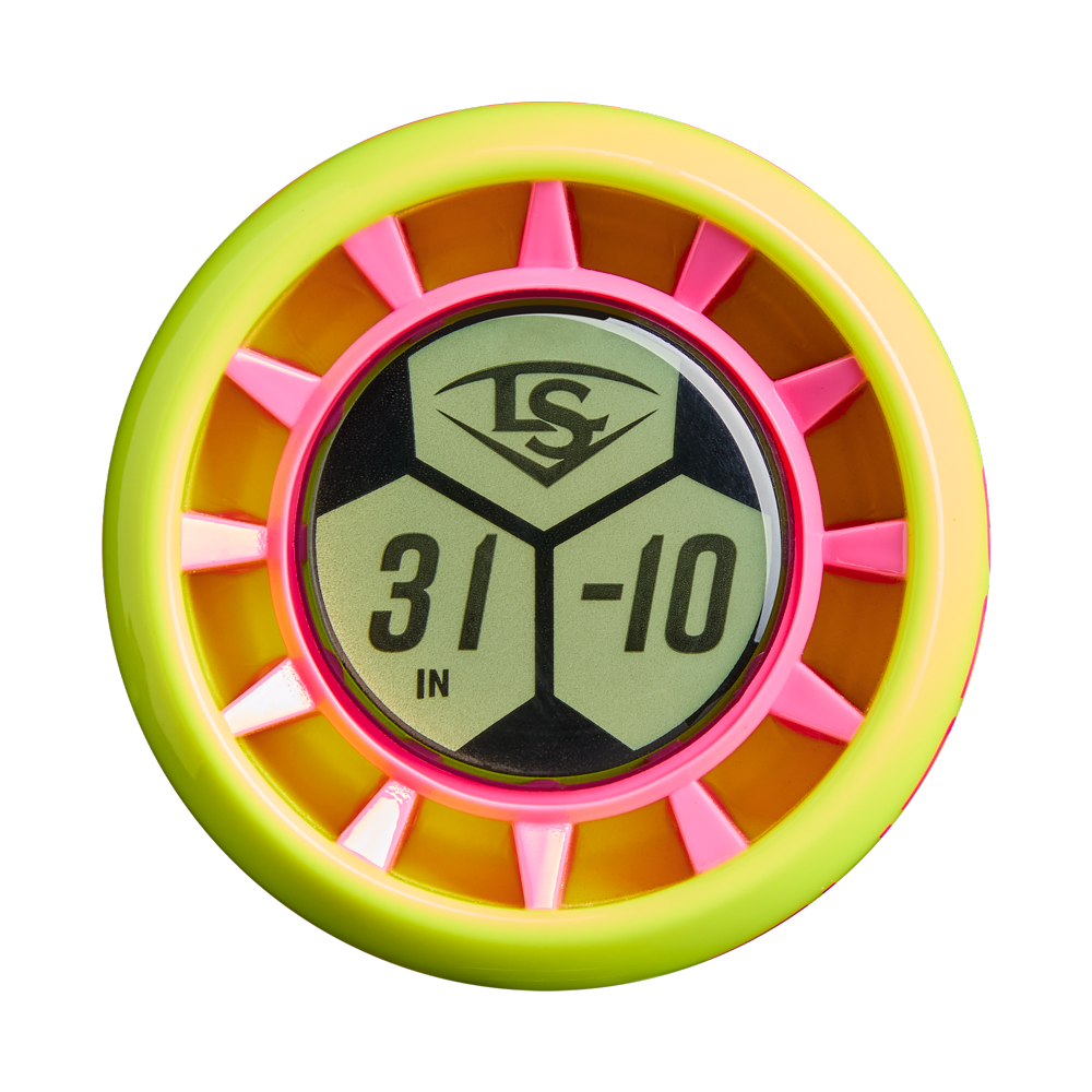 A close-up of the Louisville Slugger Supra (-10) USA Baseball Bat knob with vibration control, showing a “31 IN -10” label and logo in the center.