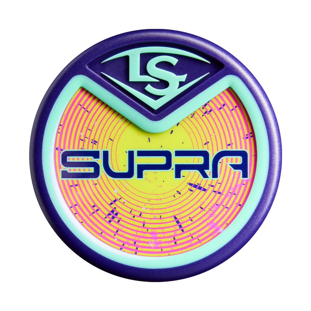 The 2027 Louisville Slugger Supra (-10) USA Baseball Bat (WBL4258010) has a round, purple-bordered disc design with neon yellow and pink circles, blue dots, bold blue SUPRA text, and a blue-and-white LS logo in a triangle for composite barrel tech.