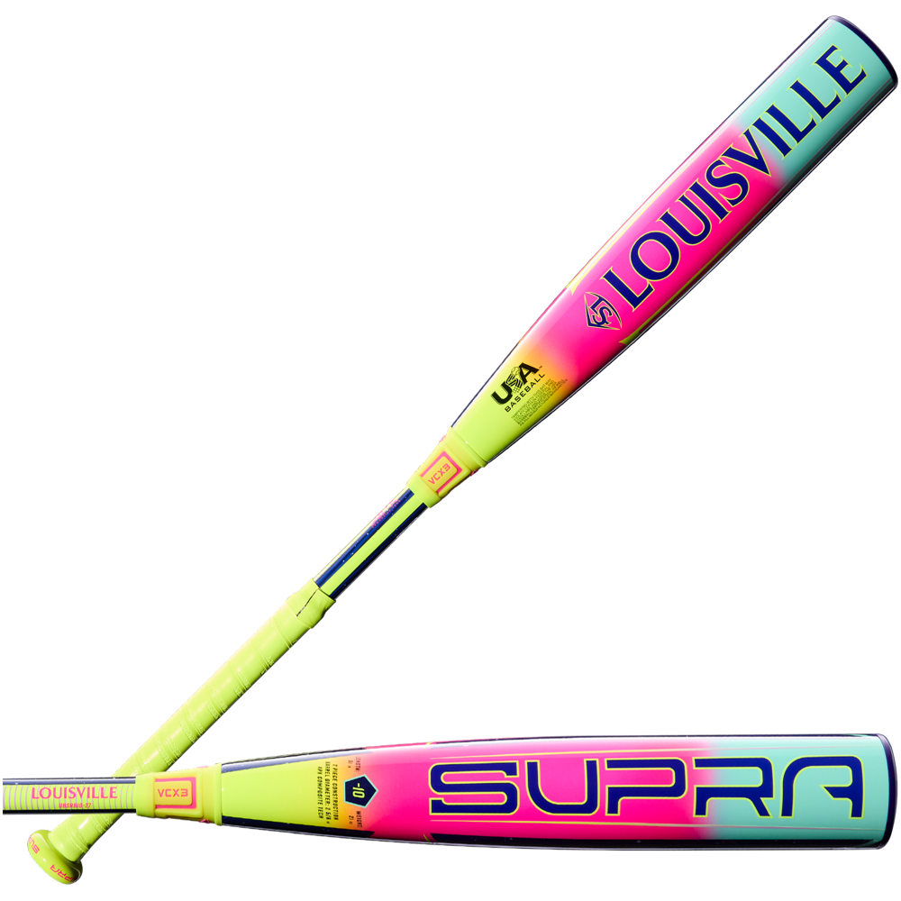 Two 2027 Louisville Slugger Supra (-10) USA Baseball Bats are shown, each with a composite barrel, neon yellow, pink, and blue gradient designs—one features "SUPRA," the other the "LOUISVILLE" logo.