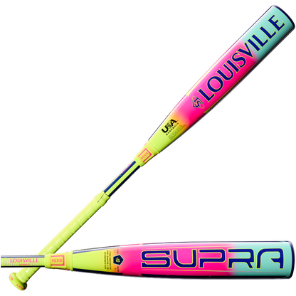 Two 2027 Louisville Slugger Supra (-10) USA Baseball Bats are shown, each with a composite barrel, neon yellow, pink, and blue gradient designs—one features "SUPRA," the other the "LOUISVILLE" logo.