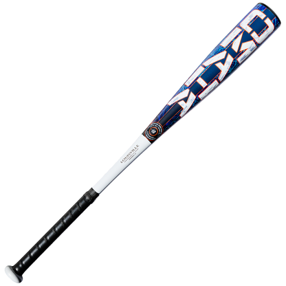 The 2027 Louisville Slugger Omaha (-10) 2 5/8″ USA Baseball Bat (WBL4262010) is a one-piece alloy bat featuring a black grip, white handle, and blue barrel with bold white and red graphics. Expertly designed for a balanced swing weight, this Louisville Slugger bat is an excellent choice for youth baseball players.