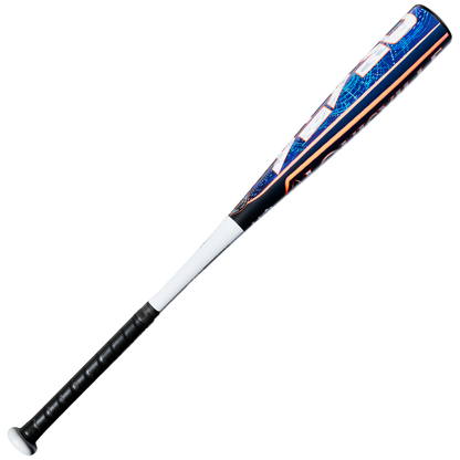 The 2027 Louisville Slugger Omaha (-10) 2 5/8″ USA Baseball Bat (WBL4262010) by Louisville Slugger is a one-piece alloy bat featuring a black grip, a white lower section, and dynamic blue, orange, and white patterns on the barrel. Displayed against a white background, this youth bat is engineered with a balanced swing weight for optimal performance.