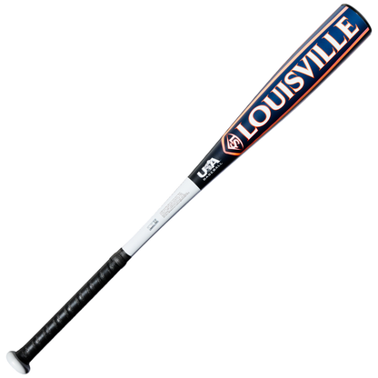The 2027 Louisville Slugger Omaha (-10) 2 5/8″ USA Baseball Bat (WBL4262010) features a black handle, white midsection, and bold LOUISVILLE branding on the barrel. This one-piece alloy bat is designed with a balanced swing weight to enhance control and optimize performance at the plate.