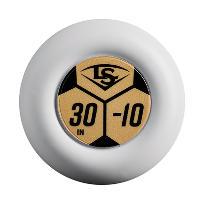 A white circular object with a gold and black label in the center displaying “LS,” “30 IN,” and “-10”—featuring the sleek design characteristic of the Louisville Slugger Omaha (-10) 2 5/8″ USA Baseball Bat (WBL4262010), a one-piece alloy bat known for its balanced swing weight.