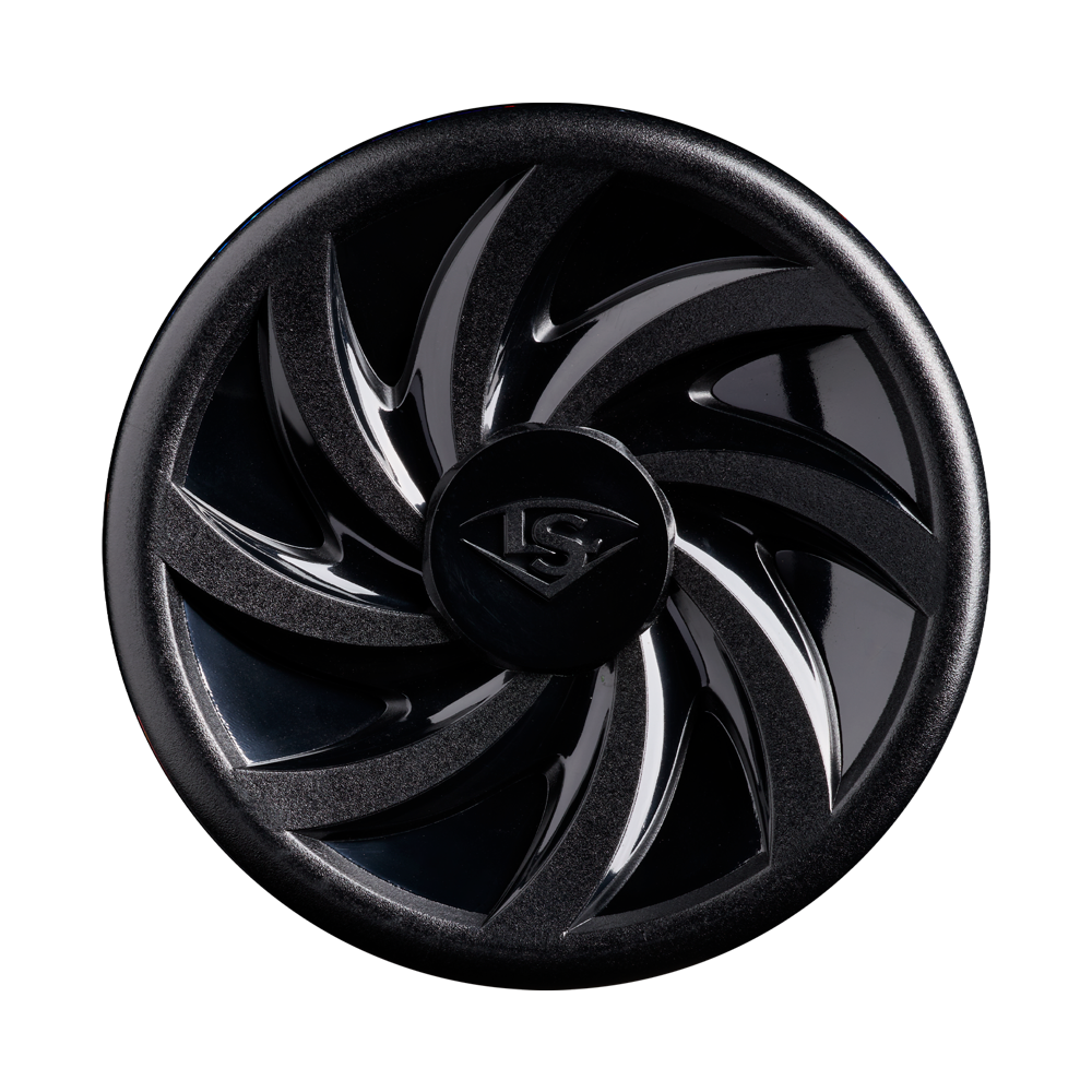 A glossy black circular end cap featuring a swirl pattern and the embossed LS logo at its center, viewed from above on a white background—resembling the distinctive cap of the 2027 Louisville Slugger Omaha (-10) 2 5/8″ USA Baseball Bat (WBL4262010), a premium one-piece alloy bat from Louisville Slugger known for its balanced swing weight.